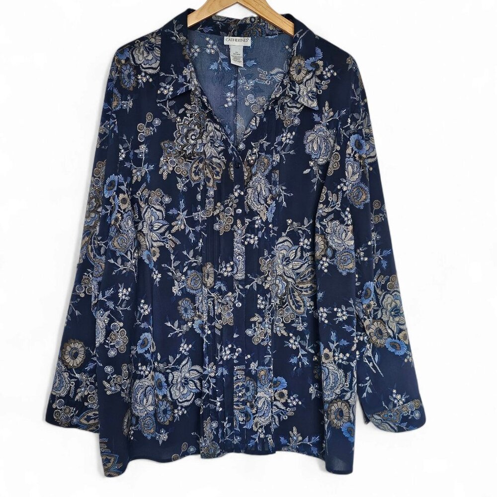 Catherines Button Up‎ Top Size 3X 26/28W Navy Blue Dark Floral Pin Tuck Pleats
